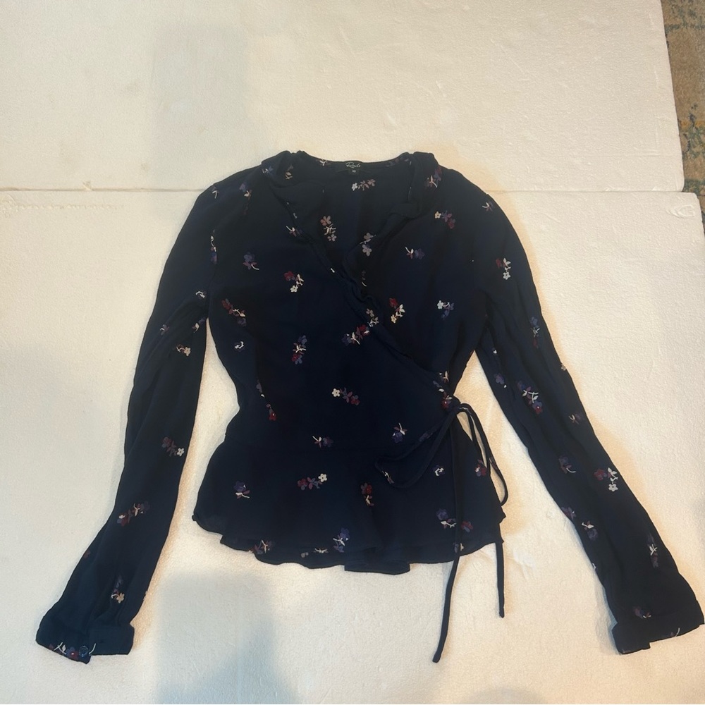 Rails Simone wrap blouse in navy Kyoto floral print white blue purple ruffle - Picture 7 of 14